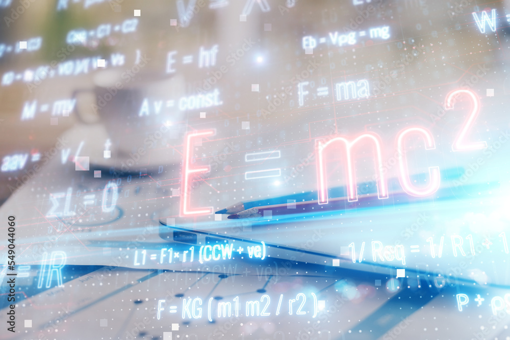 Poster desktop computer background and formula hologram writing. double exposure. education concept.