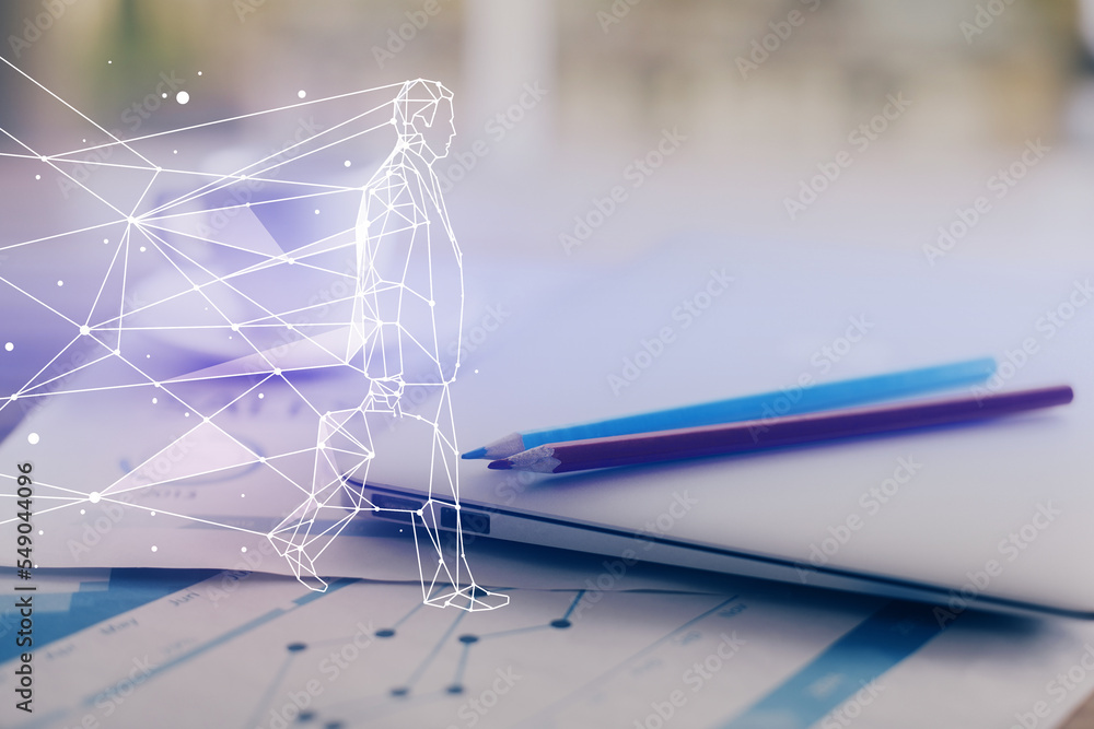 Poster desktop computer background in office and start up theme hologram drawing. double exposure. startup 