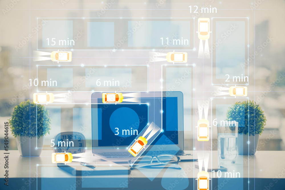 Poster Desktop computer background in office with automobile hologram drawing. Multi exposure. Tech concept.