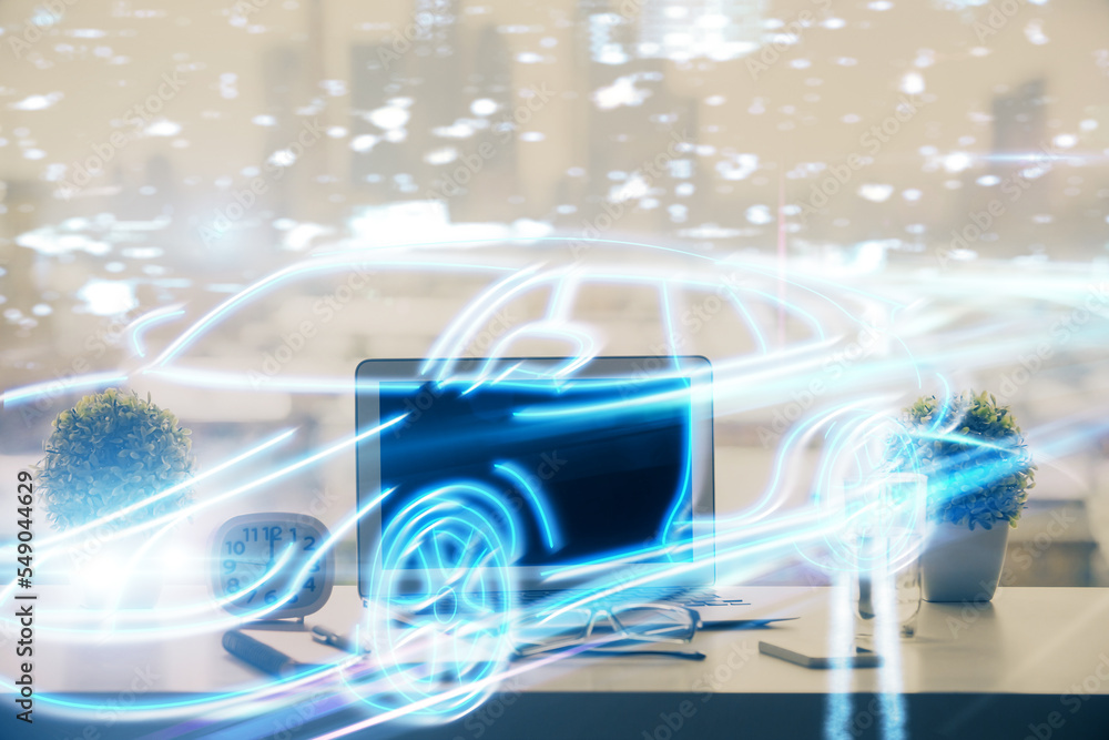 Poster Desktop computer background in office with automobile hologram drawing. Multi exposure. Tech concept.
