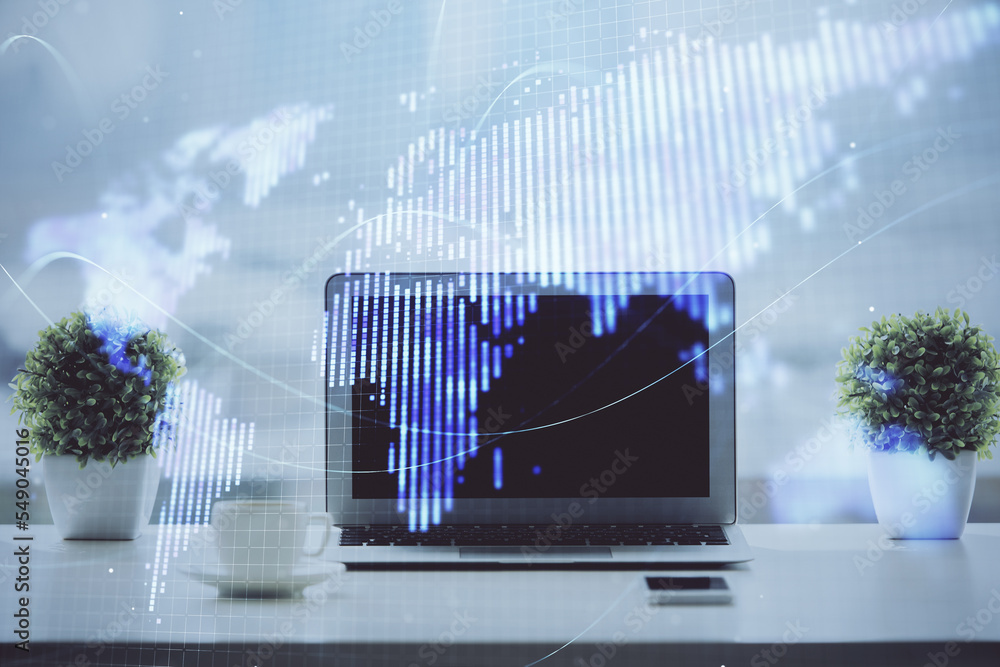 Poster double exposure of business theme icons and work space with computer background. concept of success.