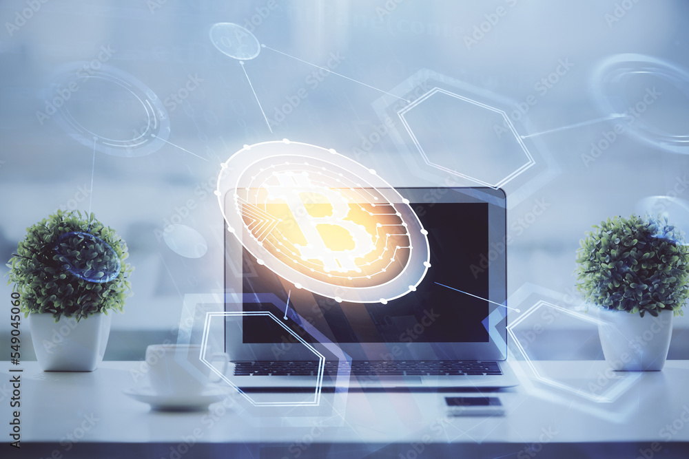 Poster double exposure of blockchain and crypto economy theme hologram and table with computer background. 