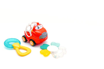 little red plastic car toy for newborn babies isolated, toys for children, kids development, playing