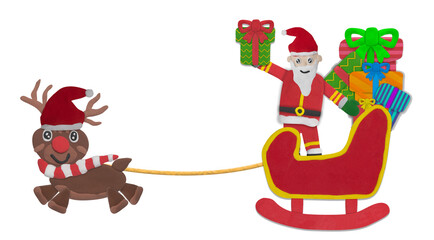 santa claus on sledge cart with reindeer on white background