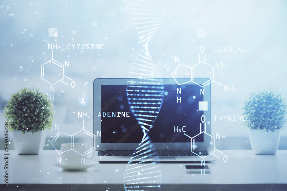 Poster desktop computer background and dna drawing. double exposure. science concept.