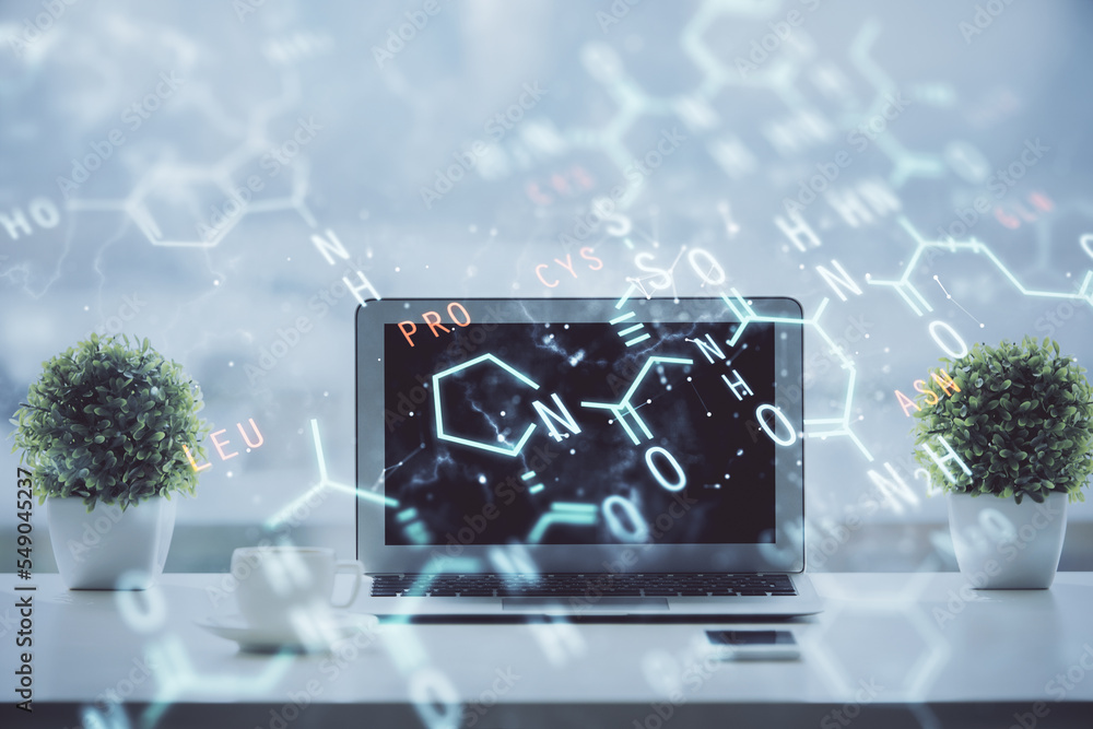 Poster desktop computer background and formula hologram writing. double exposure. education concept.