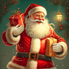 Perky Santa Claus with gifts. Christmas and New Year, gift card.