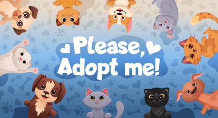 Social media poster design with pet adoption promotion. Adopt me banner with cute dogs, funny cats, paw print patterns. Vector cartoon template for flyer design, web page, posters.