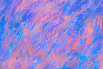 Colourful abstract illustration in lush blue and pink oil paint. Digital illustration of horizontal format.