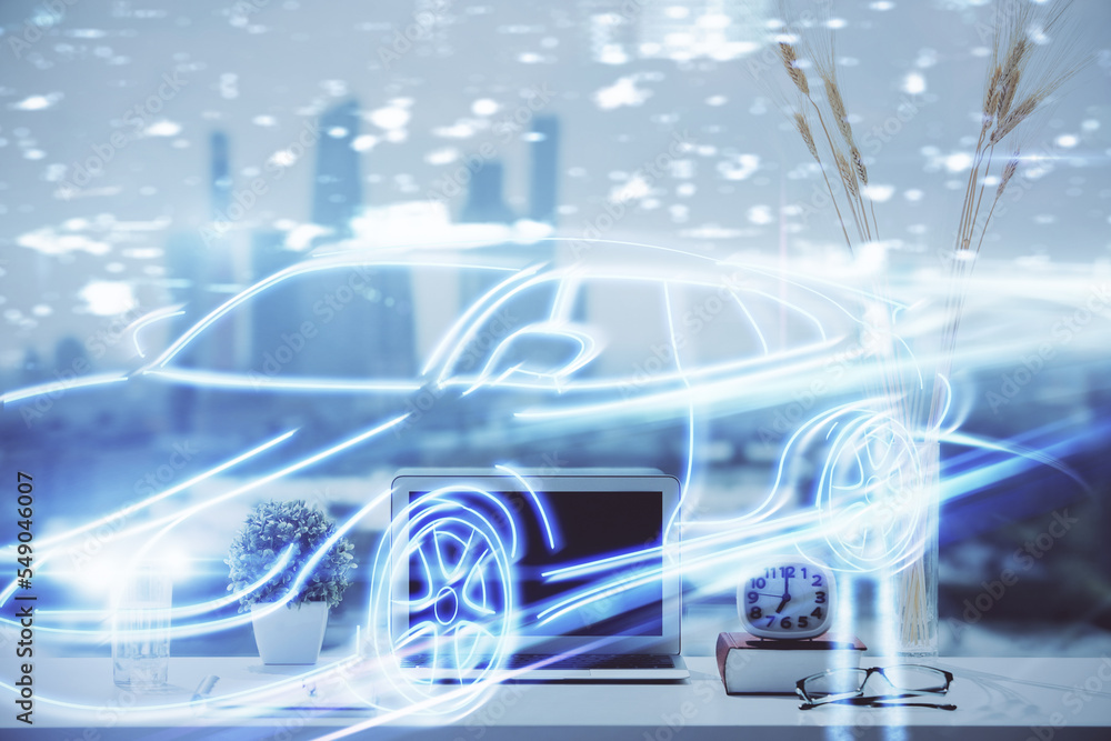Poster Desktop computer background in office with automobile hologram drawing. Multi exposure. Tech concept.