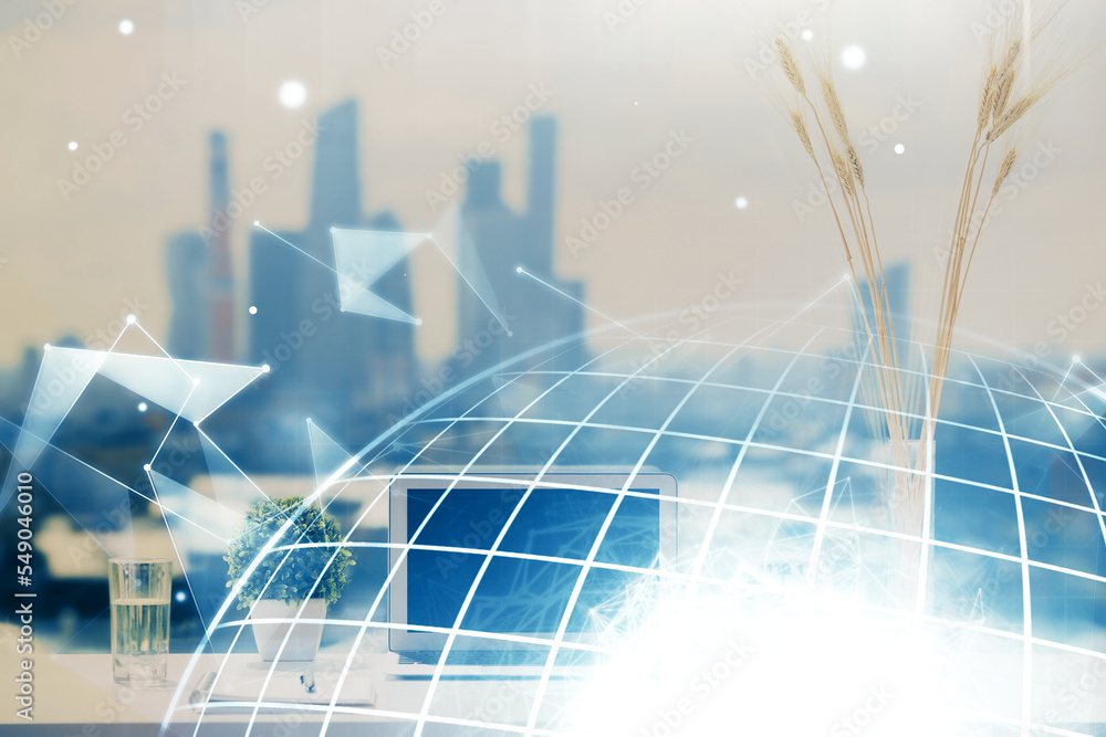 Poster Double exposure of desktop with computer and world map hologram. International data network concept.