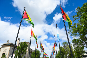 Flags of the World. A lot of different national flags on flagpole. International flags and symbols.  