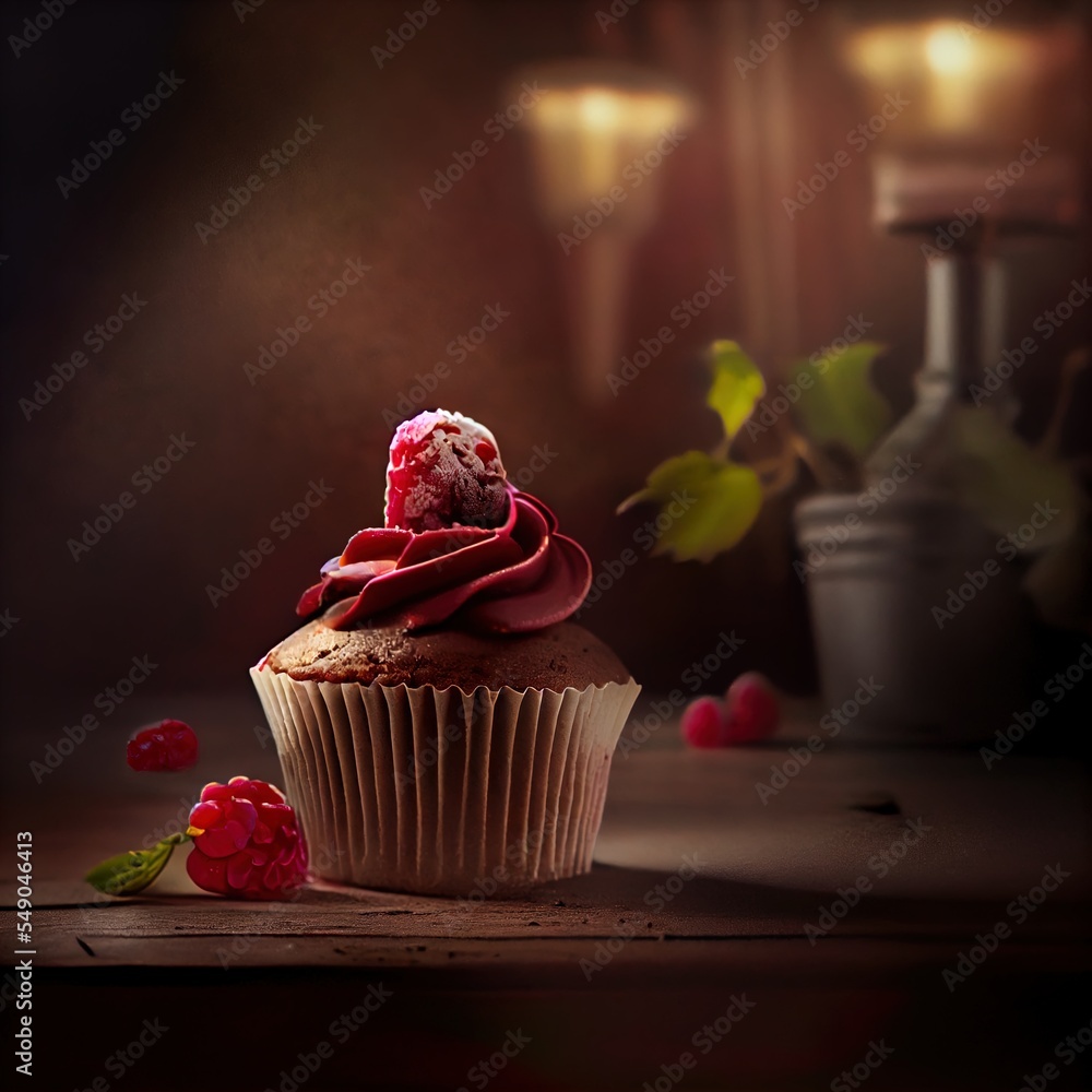 Poster  a cupcake with a chocolate frosting and raspberries on top of it on a table with a vase of flowers Generative AI