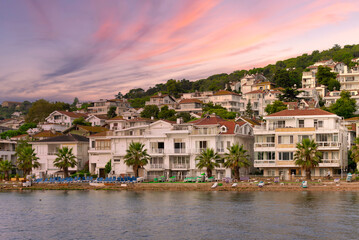 View of the mountains of Kinaliada island from Marmara Sea, with traditional summer houses and...
