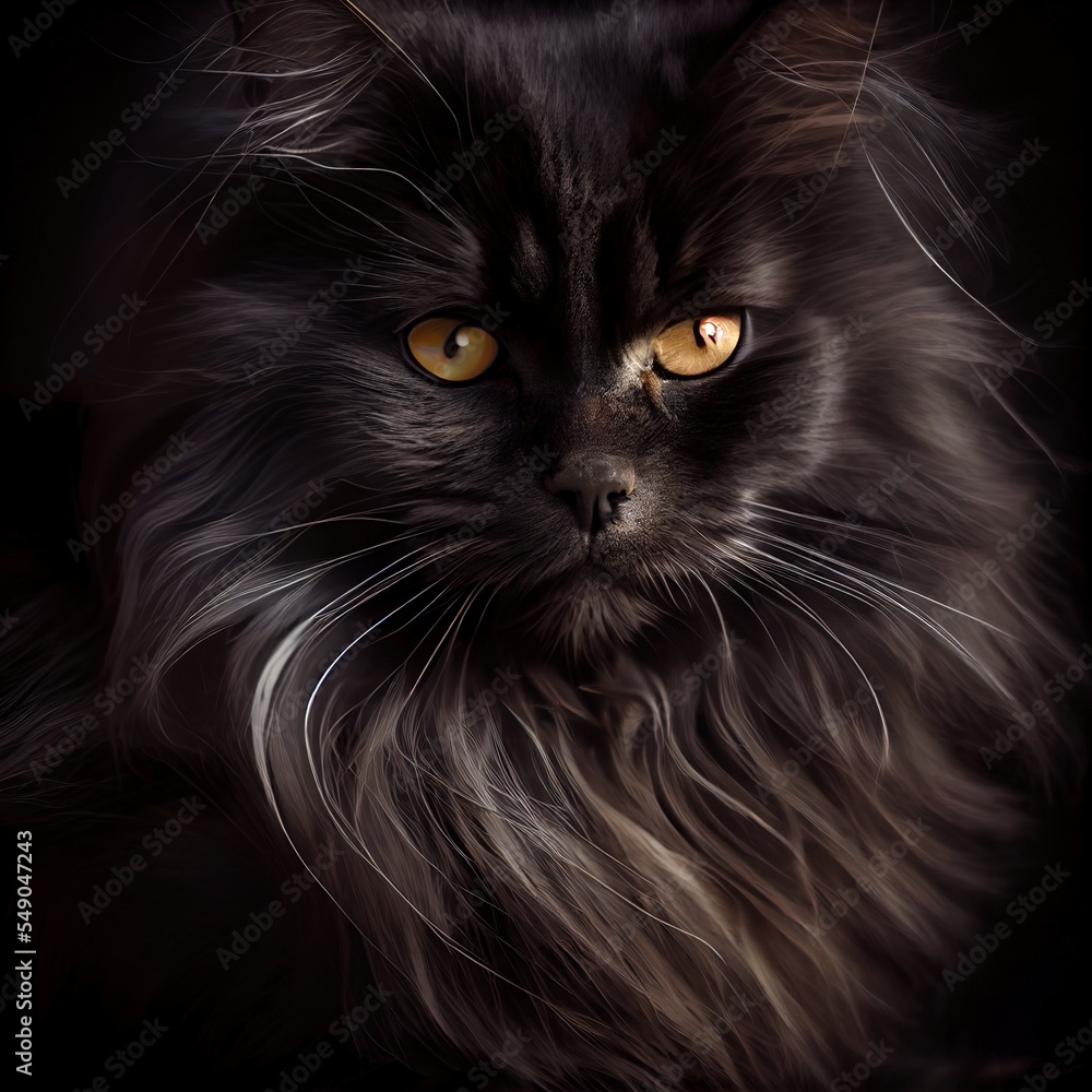 Poster a black cat with yellow eyes looking at the camera with a black background and a black background wi