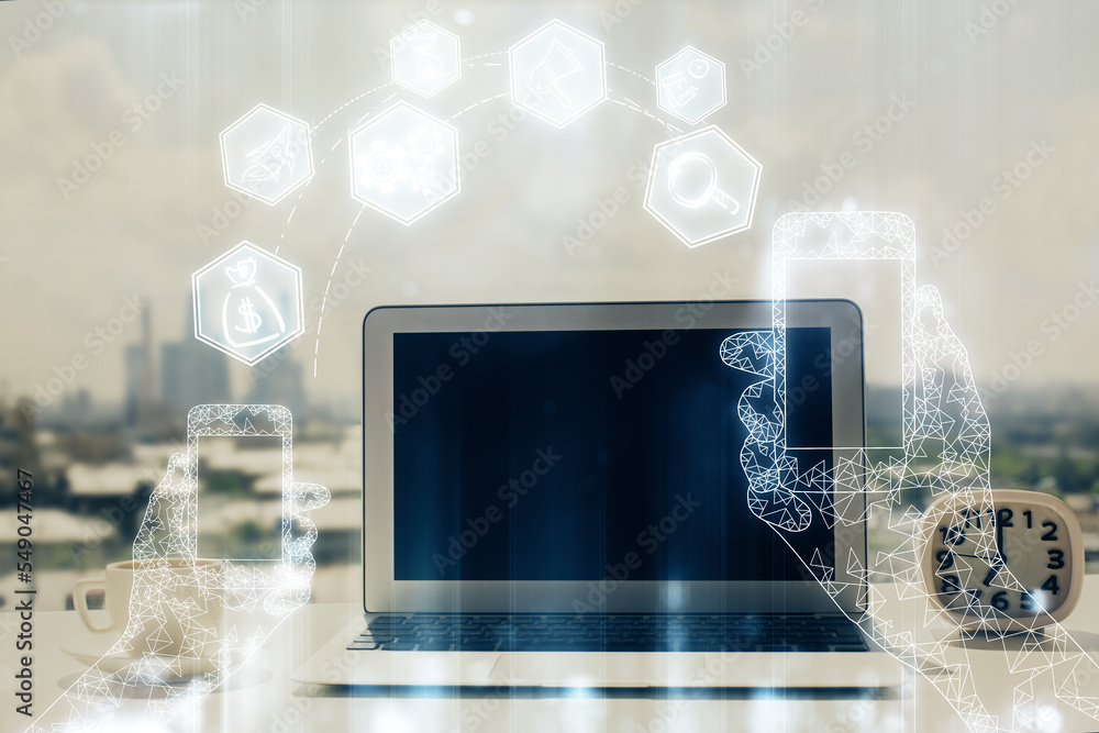 Poster computer on desktop in office with technology theme hologram. double exposure. tech concept.
