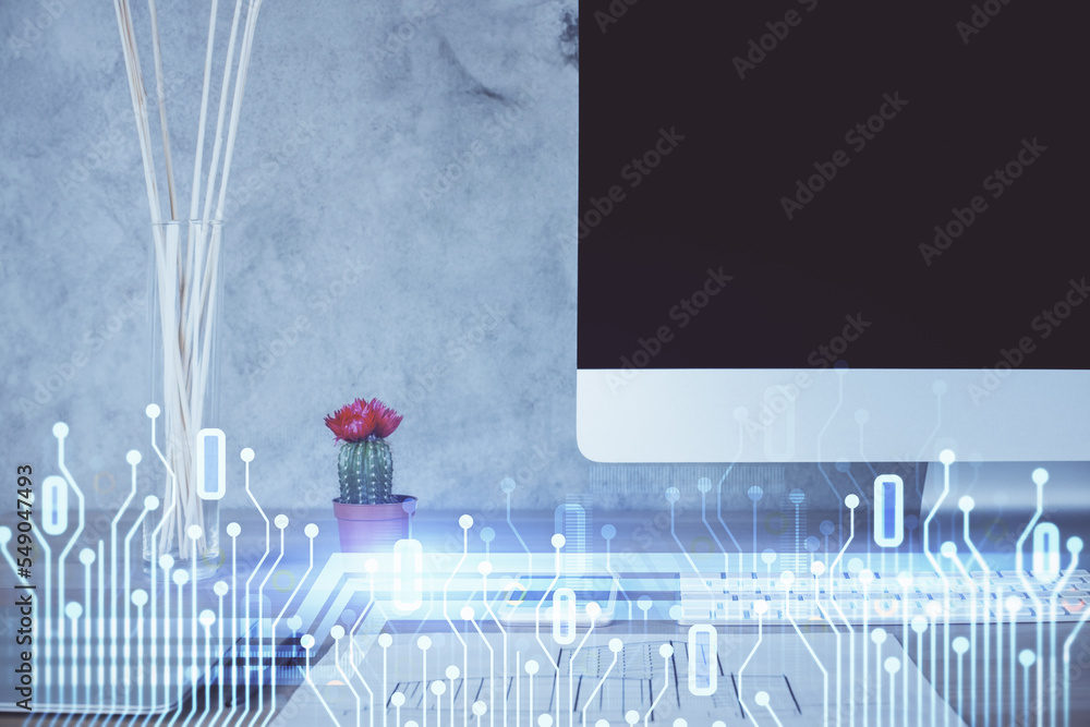 Poster Double exposure of desktop with computer on background and tech theme drawing. Concept of big data.