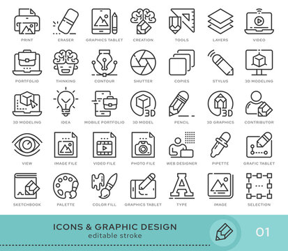 Set of conceptual icons. Vector icons in flat linear style for web sites, applications and other graphic resources. Set from the series - Graphic Design. Editable stroke icon.