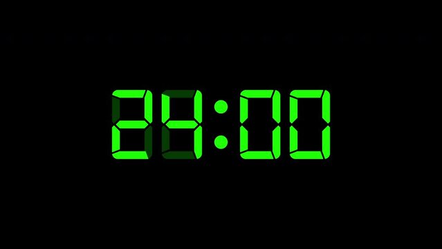 24:00  -  Digital clock timer animation .green digital text animation on black background.