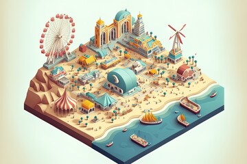 Isometric Of City Map With Modern Buildings And Beach Area With Amusement Park