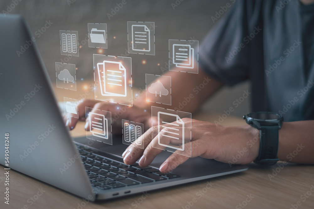 Poster close-up of office worker typing on laptop keyboard technology concept,document management or databa