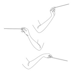Silhouette of a hand with a conductor's baton in a modern continuous line style, beauty. Conductor. Decor sketches, posters, stickers, logo. Vector illustration.