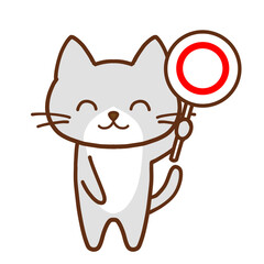 丸を掲げて微笑むグレーのハチワレ猫