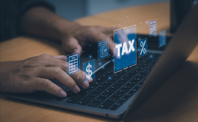 Financial concept or online taxes filing, man typing with laptop computer show income and expenses...