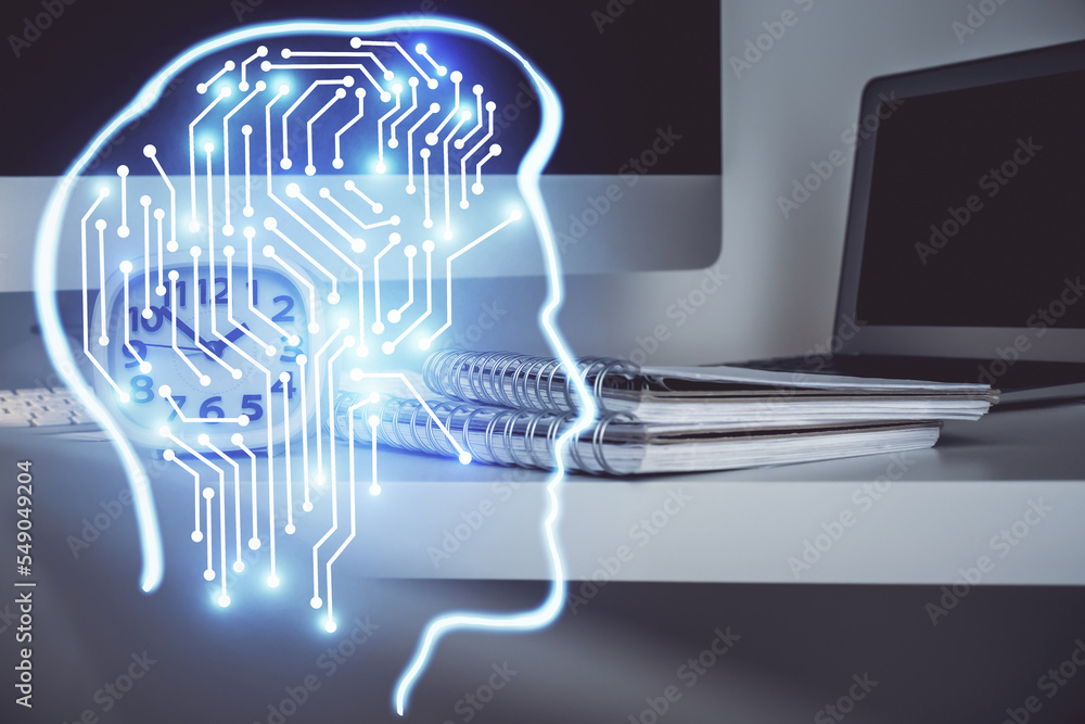 Aufkleber Double exposure of table with computer and brain hologram. Data innovation concept.
