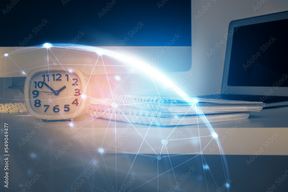 Aufkleber computer on desktop with social network theme icon. multi exposure. concept of international connect