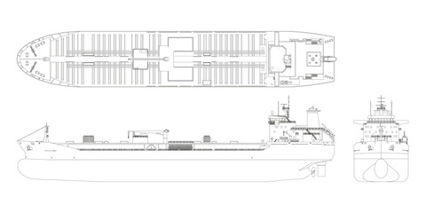 Tanker outline drawing. Contour cargo ship industrial blueprint. Petroleum boat view top, side and front. Isolated vehicle. Commerce water transport