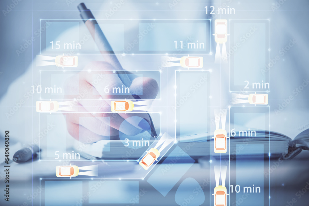 Poster tech autopilot theme hologram over woman's hands taking notes background. concept of hightech. doubl
