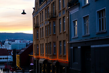 bergen norway city night view landscape building lights - obrazy, fototapety, plakaty