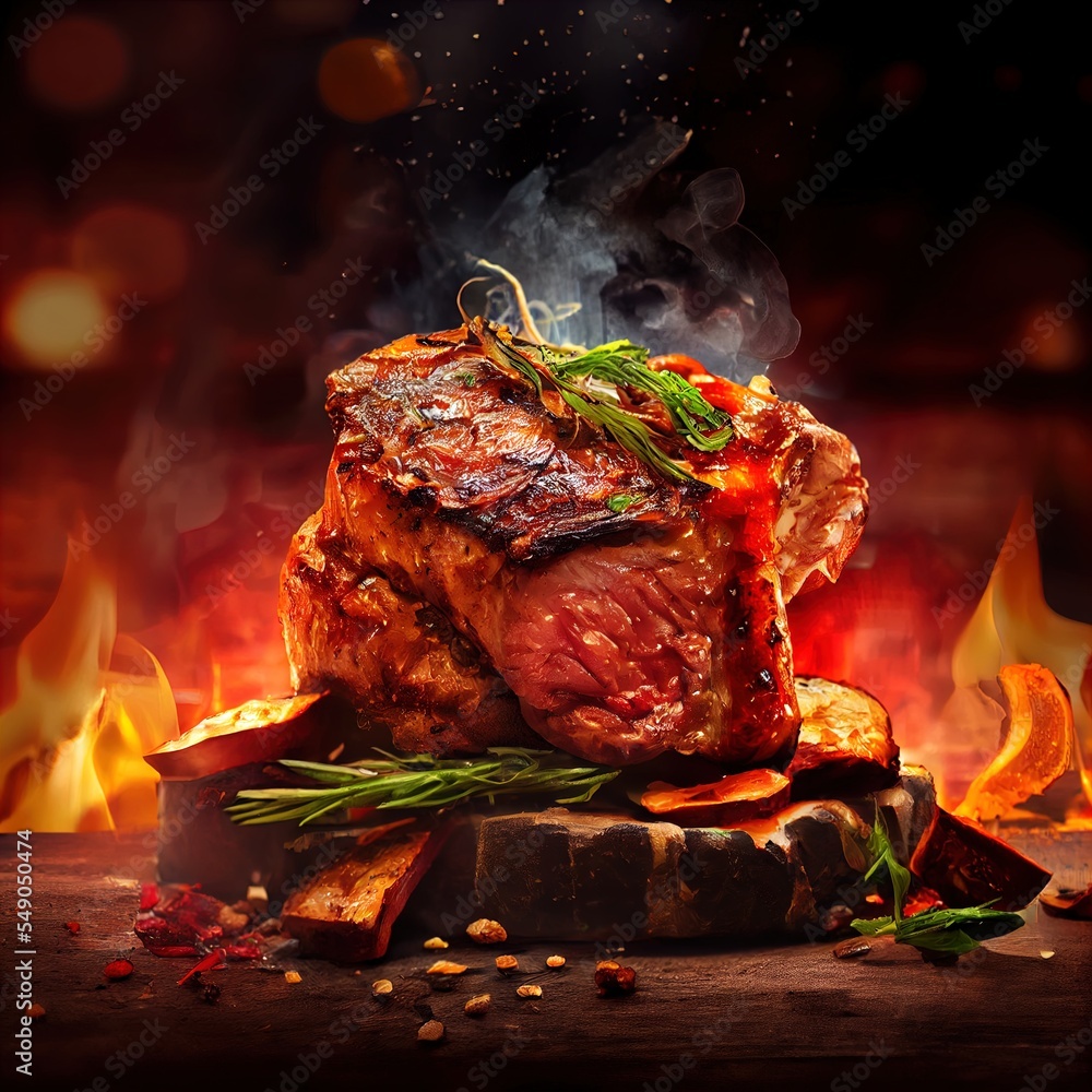 Aufkleber a steak on a grill with flames in the background and a bunch of herbs on top of it generative ai