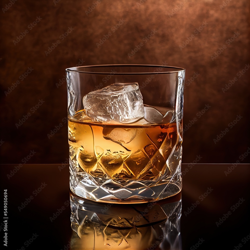 Poster  a glass of whiskey with ice cubes on a table with a brown background and a reflection of ice cubes on the glass Generative AI
