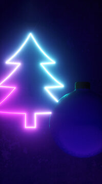 Christmas ball and neon christmas tree, 3d render, Happy New Year vertical background