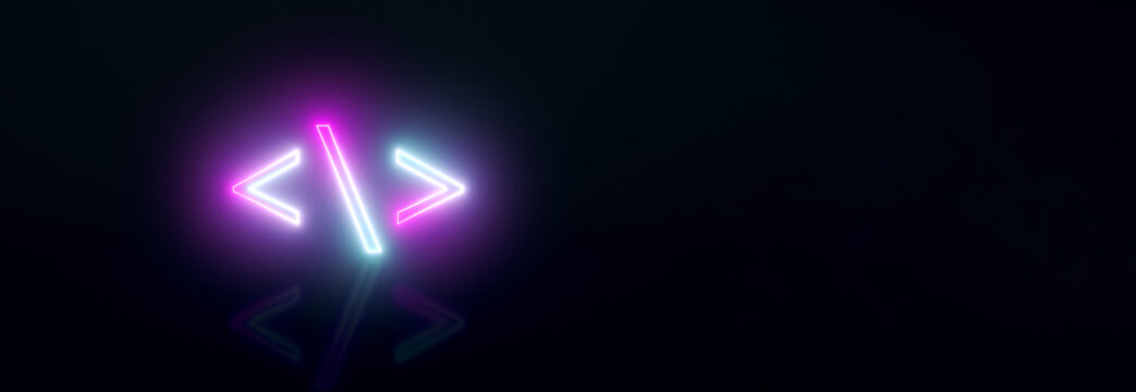 Neon coding signs, 3d render, panoramic layout