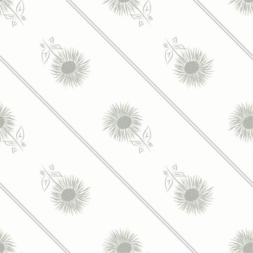 Inula flower seamless vector pattern background. Perennial cottage garden flowers neutral gray diagonal stripe backdrop. Giant Fleabane painterly geometric design. Maximalist cottagecore for packaging
