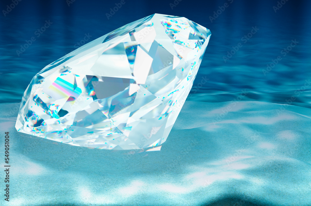 Poster diamond on ocean bottom underwater. 3d rendering
