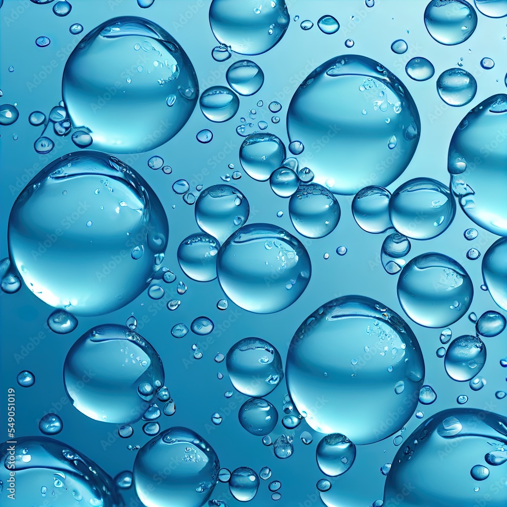 Poster a bunch of water bubbles on a blue background with a white border around them and a blue background 