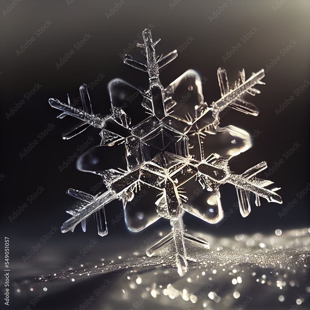 Poster  a snowflake is shown in the middle of the image with a blurry background of snow flakes Generative AI