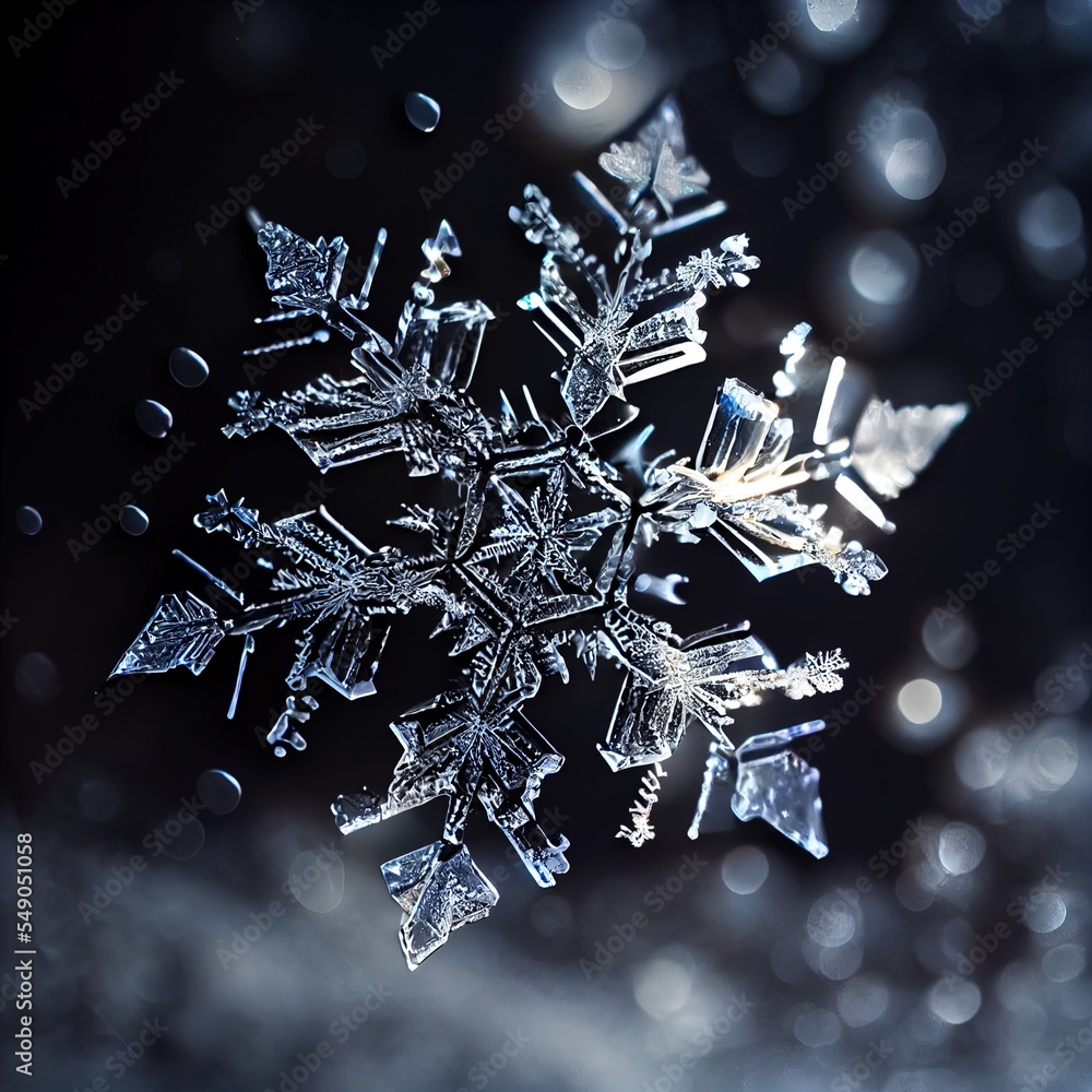 Poster a snowflake is shown in the dark with a blurry background of snow flakes and bubbles generative ai