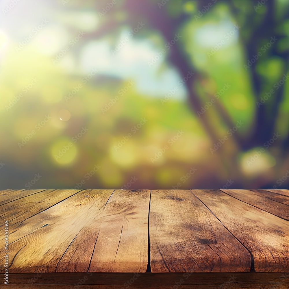 Aufkleber a wooden table top with a blurry background of trees in the background and a boke of light generativ