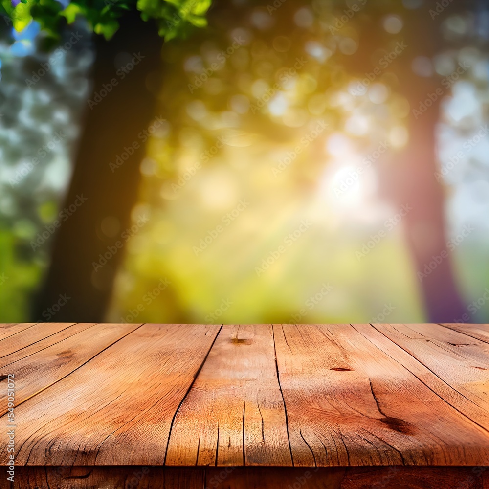 Aufkleber a wooden table with a blurry background of trees in the background and a sunbeam in the foreground g