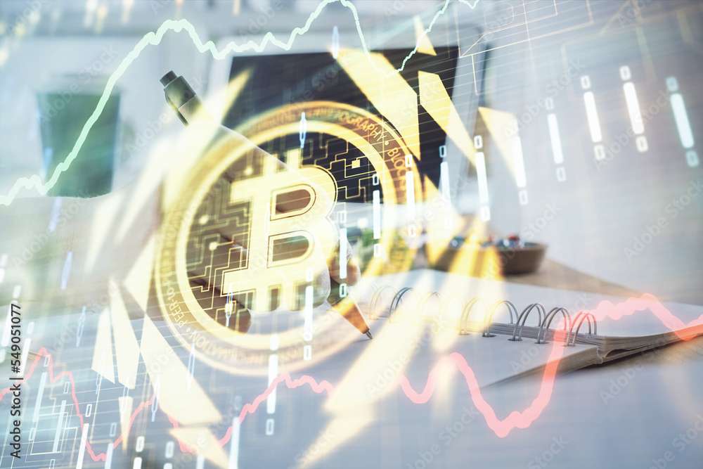 Poster cryptocurrency hologram, bitcoin, ico theme over hands taking notes background. concept of blockchai