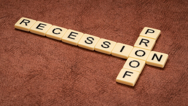 recession proof crossword in ivory tiles, business, finance and economy concept