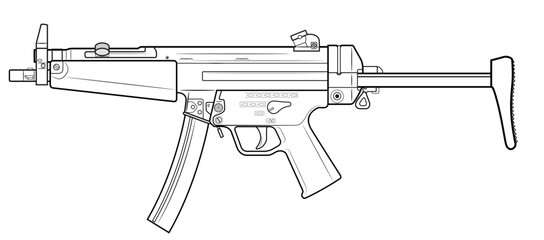 Vector illustration of the MP5 machine gun with unfolded stock on the white background. Left side.