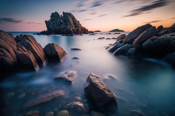 Fototapeta na wymiar calm sea water surrounded with rocks at sunset generative ai