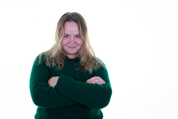 young blonde woman looking happy cheerful confident smiling proudly arms crossed on white background