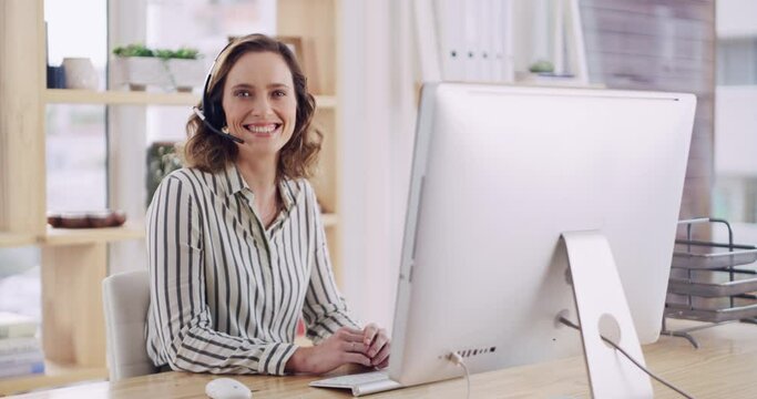 Call center, computer and business woman at her office desk for e commerce support, telemarketing and virtual communication agent. Corporate company, digital consultation and website manager portrait